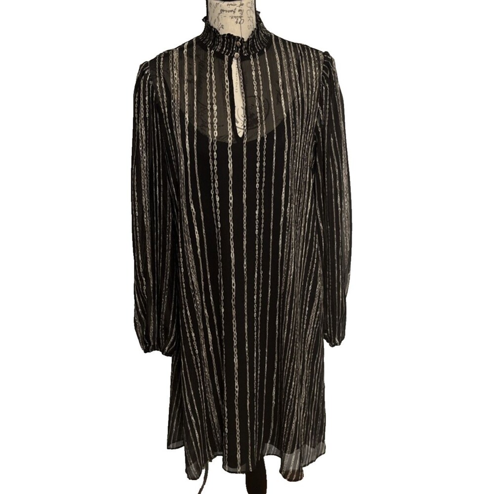Harper Rose Black Trapeze Dress Size 10 Mock Neck Button Back Balloon Sleeves